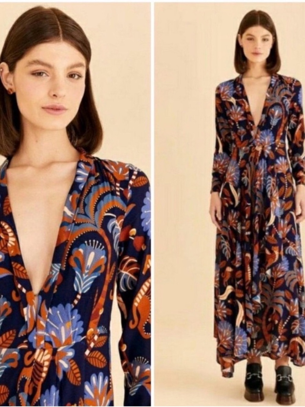 FARM RIO Blue Nature Beauty Long Sleeve Maxi Dress Women's Size XS